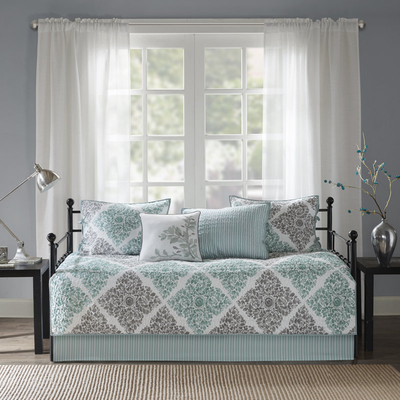 Aqua and Gray Floral Reversible Microfiber Daybed Set
