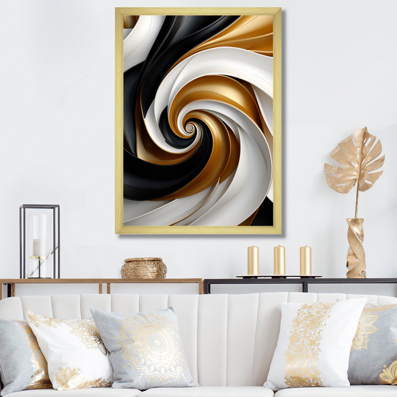 Abstrait spirale abstraite liquide or noir et double spirale abstraite, H 40 po x l 30 po x P 1,5 po, Cadre simple argenté