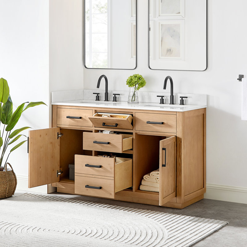 Meuble-lavabo double avec base en bois Gavino, Brun