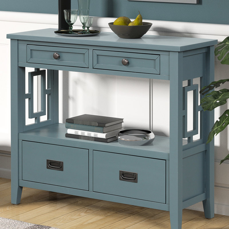Console de 36 po en bleu avec 4 tiroirs et tablette pour les espaces de vie