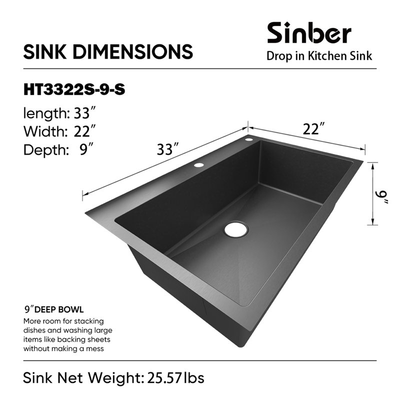 33" Black Stainless Steel Drop-In Single Bowl Kitchen Sink