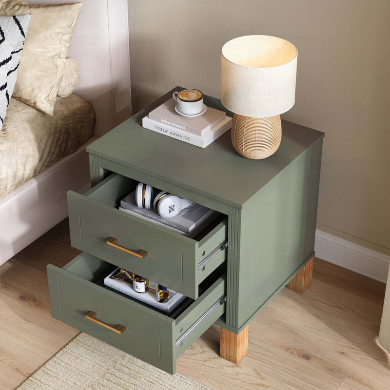 Table de chevet 2 tiroirs avec un élégant design cannelé et des pieds en bois, Olive