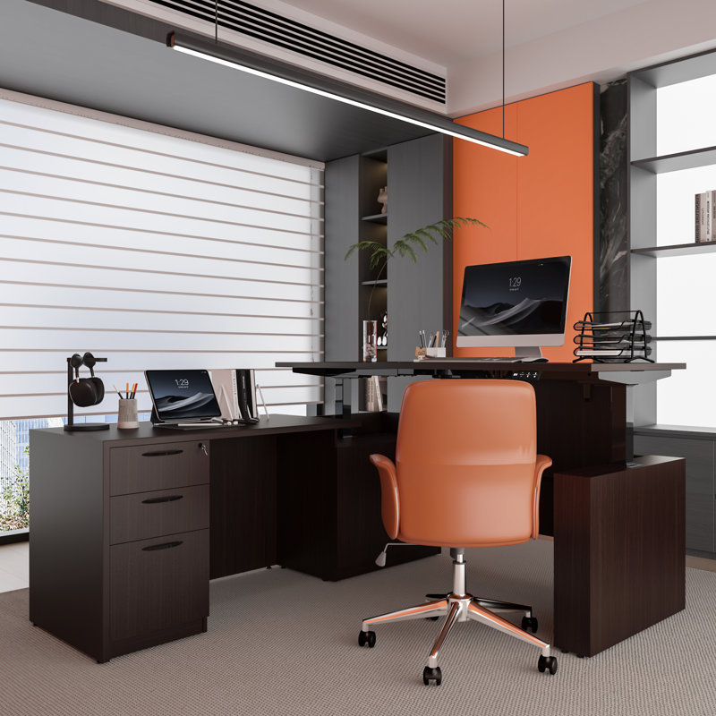 66.93" L Shaped Executive Standing Desk With File Cabinet, Brown