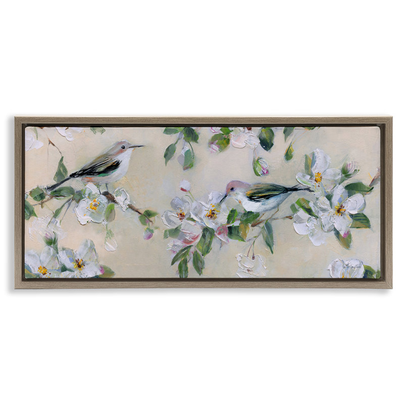 Oiseaux chanteurs perchés sur des branches, H 14 po x l 31 po, Cadre flottant orme Montalcino