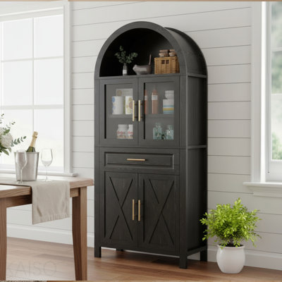 Armoire garde-manger de 71 po de hauteur arquée avec porte vitrée, armoire de rangement Farmhouse avec tablettes réglables et porte de grange pour la cuisine, le salon et la salle à manger, noir