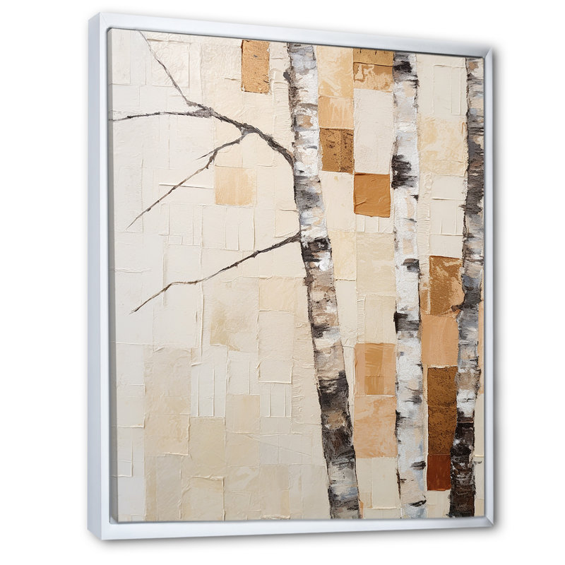 Arbre de minimalisme beige sur fond de bouleau II sur toile, Cadre flottant blanc, H 32 po x l 24 po