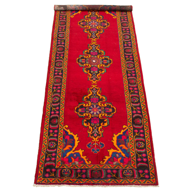 Tapis de couloir en laine noué à la main des années 1980 de conception unique 3 pi 11 po x 10 pi 6 po Tapis décoratif rouge