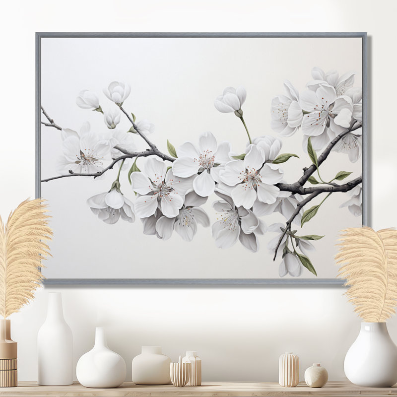 Fleur de cerisier blanc minimaliste et minimaliste II, H 12 po x l 20 po x P 1 po, Encadrement argenté