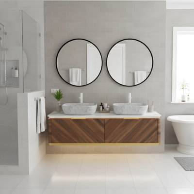 Meuble-lavabo mural 60 po avec tiroirs et vasques rectangulaires en marbre