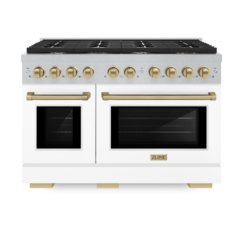 Cuisinière à gaz ZLINE Autograph Edition de 48 po avec 8 brûleurs ZLINE, Blanc / bronze champagne, Double carburant