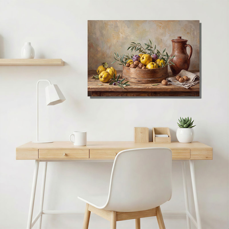 Tableau sur toile représentant des coings, des noix et un pichet en céramique sur une table en bois, H 16 po x l 24 po