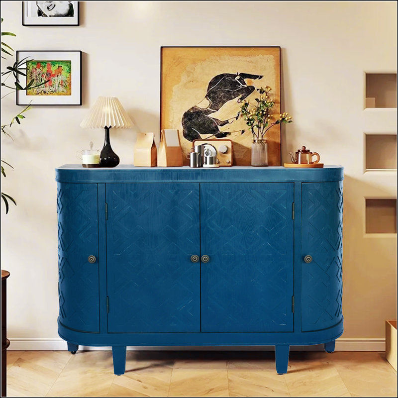 Armoire de rangement ovale avec quatre portes, buffet avec rangement, armoire d'appoint cannelée à bord arrondi, porte coulissante, crédence autoportante pour le salon et la cuisine