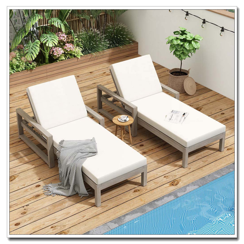 Ensemble de 2 chaises longues réglables à 5 positions avec structure et coussins en bois d'acacia, Grey