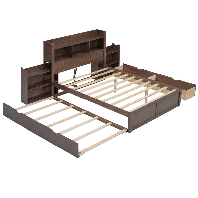 Lit plateforme double avec 2 tiroirs, lit gigogne simple et rangement escamotable, tablettes en bois robuste