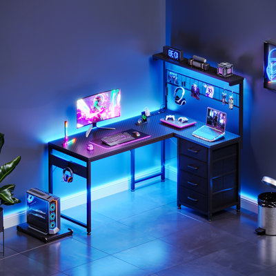 Reversible L-shaped Desk With Recessed Power Outlets,computer Desk With 4-tier Fabric Drawers, Gaming Desk With Removable Cpu Stand And Led Lights,home Office Desk With Spacious Storage Shelf And Versatile Hooks