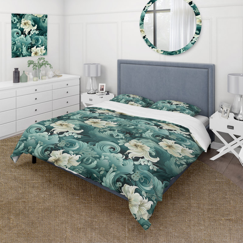 Ensemble de housse de couette floral Maegen Green Mint, Housse de couette simple + 1 taie décorative stan