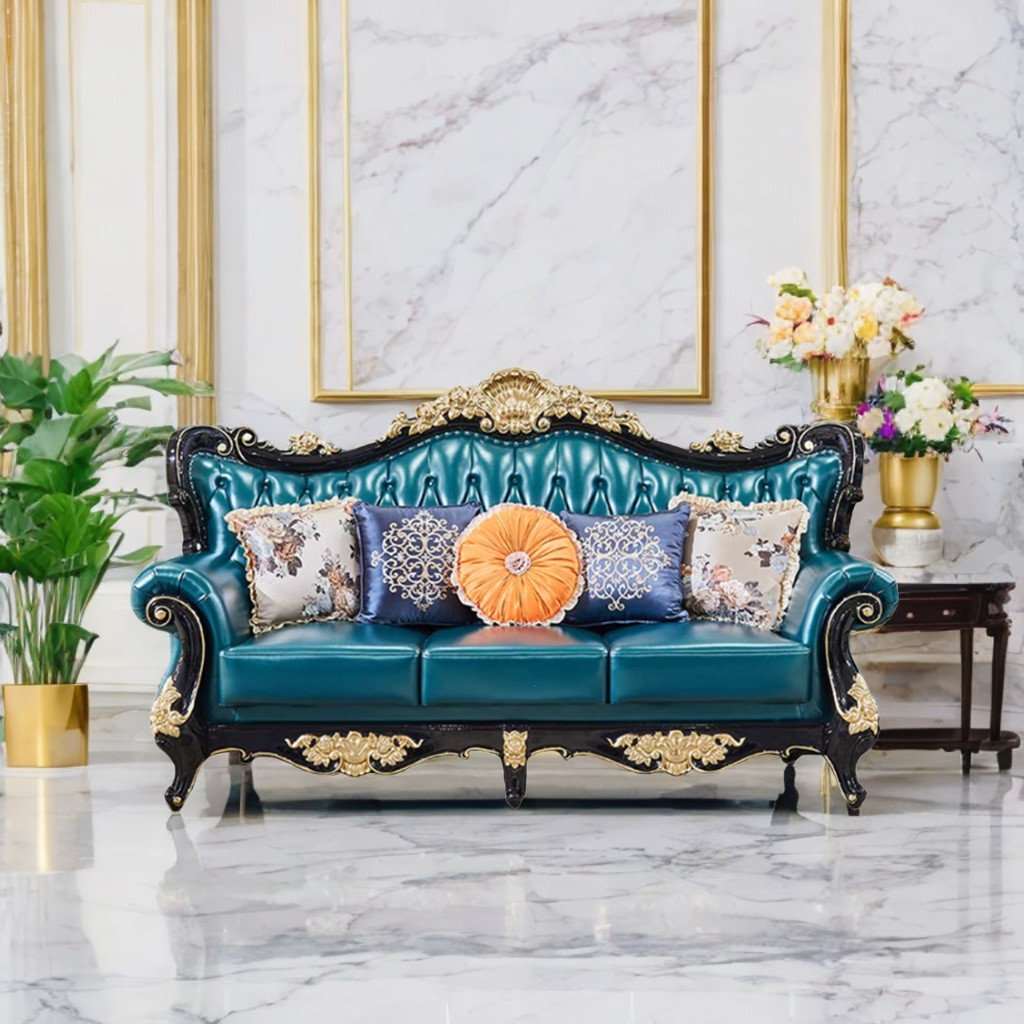 Romero European Style Leather Solid Wood Carving Sofa 90.5'' Genuine ...