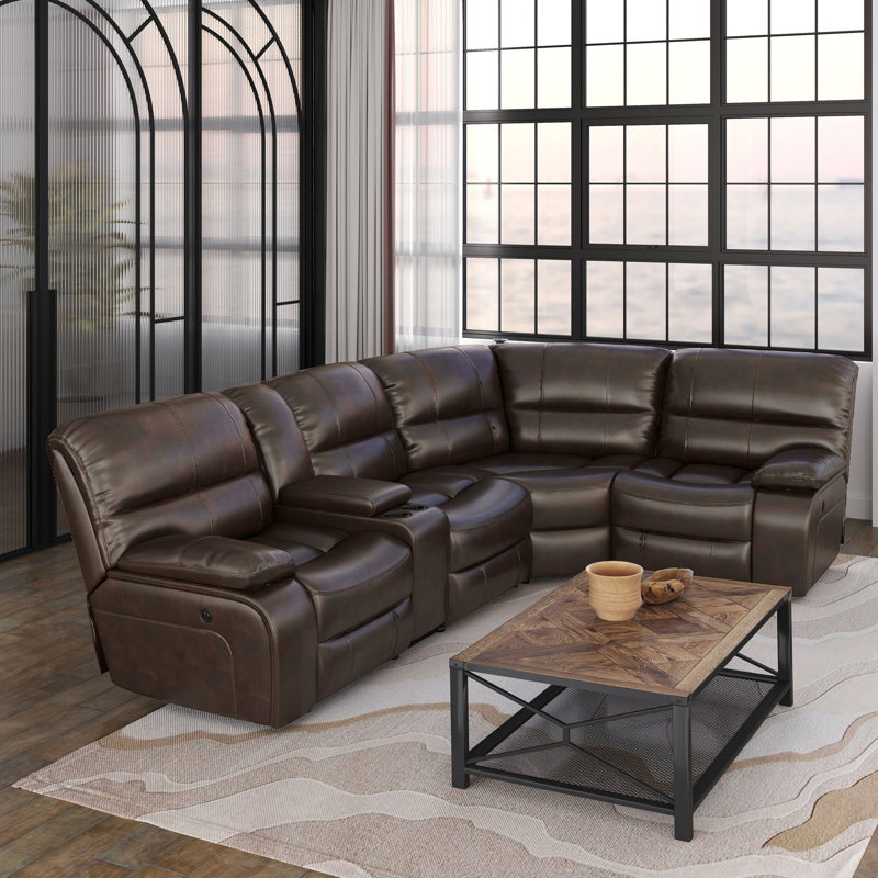 Culbreth 5-Piece Modern Fancy Faux Leather Power And Manual Reclining Sectional With Wide Back And Console