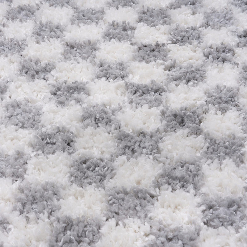 Moodi Modern Shaggy Area Rug Checkered Design, Off-White/Grey, Round 120 cm