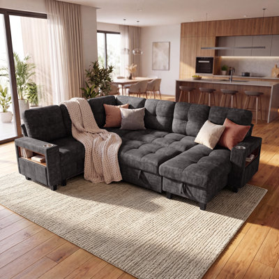 Grand canapé-lit modulaire en L 107 po en chenille avec méridienne, siège d'angle, accoudoir de rangement et orifices de recharge de 107 po, gris foncé