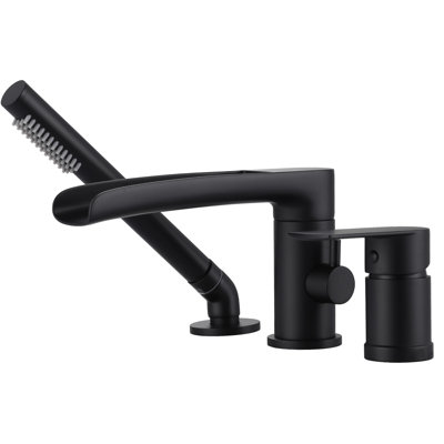 Waterfall Deck-Mount Roman Tub Faucet With Hand Shower, 3-Hole Single Handle Bathtub Faucet