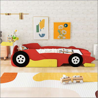 Twin Size Race Car-Shaped Platform Bed With Wheels, Durable And Fun For Kids' Rooms