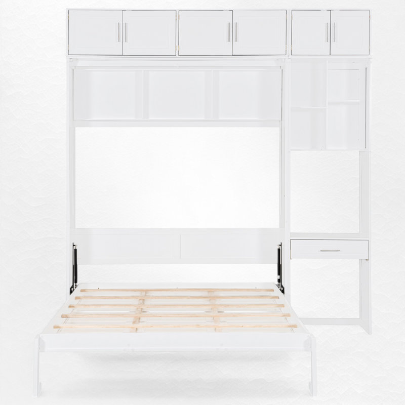Lit escamotable avec bureau intégré et rangement, Blanc, Grand