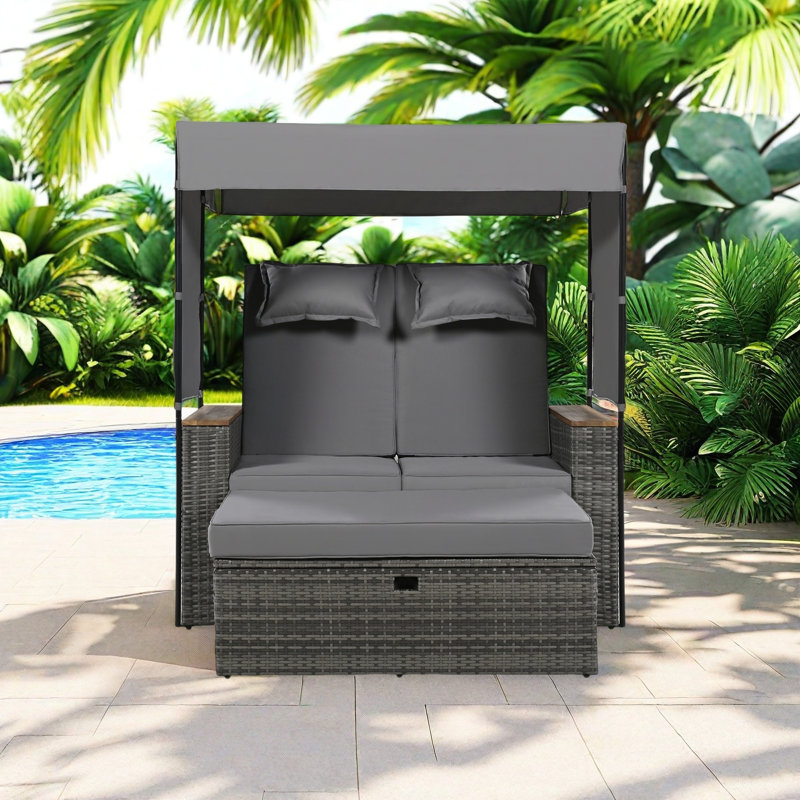 Lit de jour d'extérieur en rotin avec auvent, dossier réglable, coussins et coussins, sièges combinés gratuits pour le jardin, le patio, le bord de la piscine, avec banc de rangement et fonction d'inclinaison