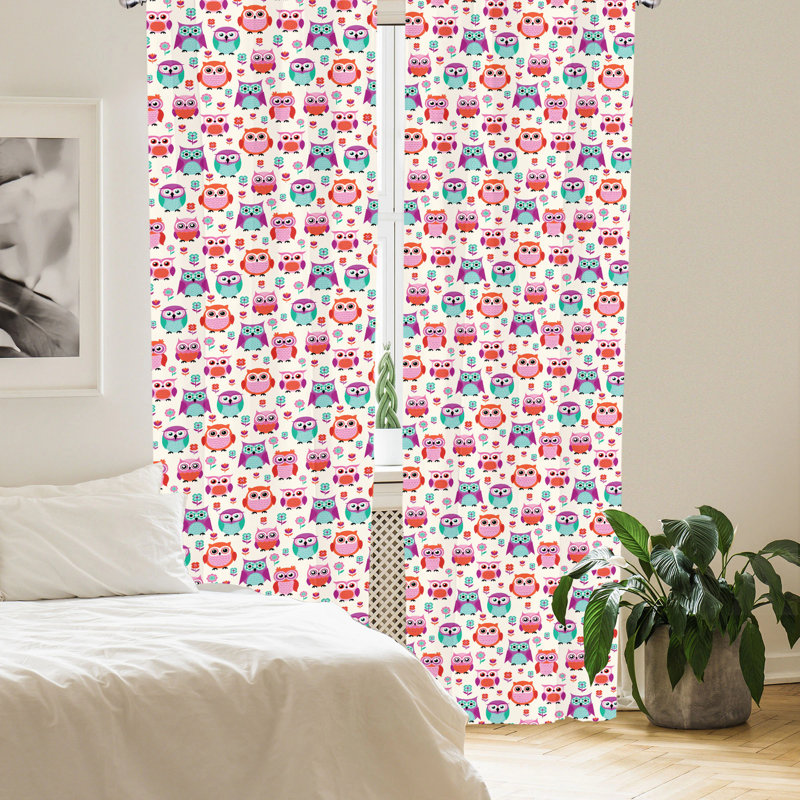 Pink Owl Print Polyester Room-Darkening Curtain Panels