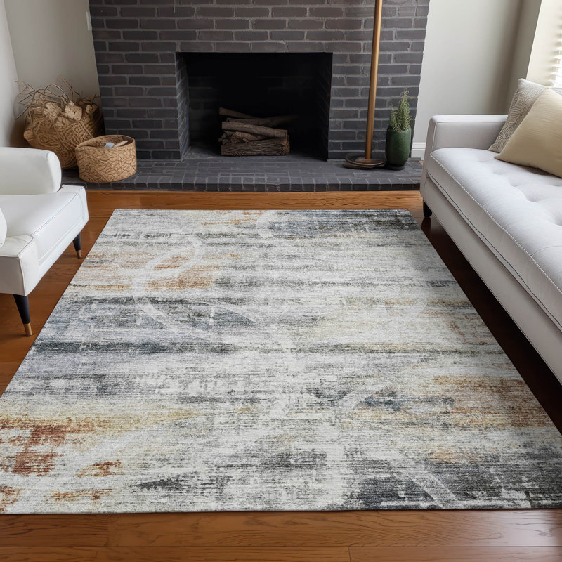 Contemporary Gray and Red Synthetic Washable Area Rug, 3' x 5'