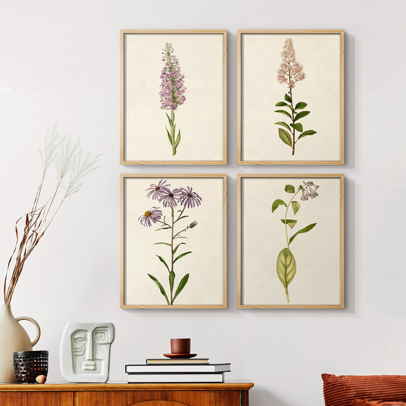 «Mauve Garden Flowers I», ensemble de 4 encadrées, H 14 po x l 11 po, Naturel