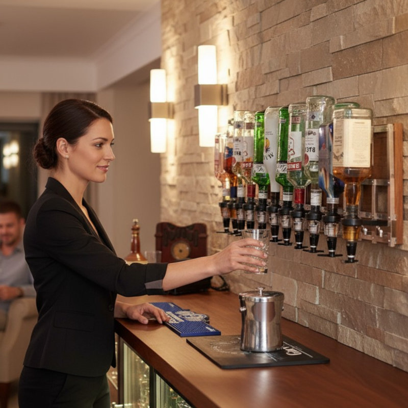  Black 6 Bottle Wall Mounted Bar Rail & 25ml Spirit Optics, UK Made, Fits 70cl–1.5L Bottles