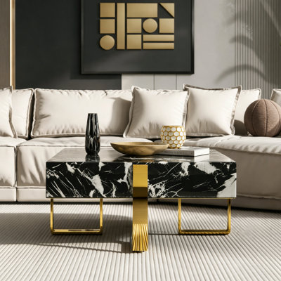 31.5" Square Faux Marble Coffee Table with Polished Gold Stainless Steel Base, Modern Living Room Center Table