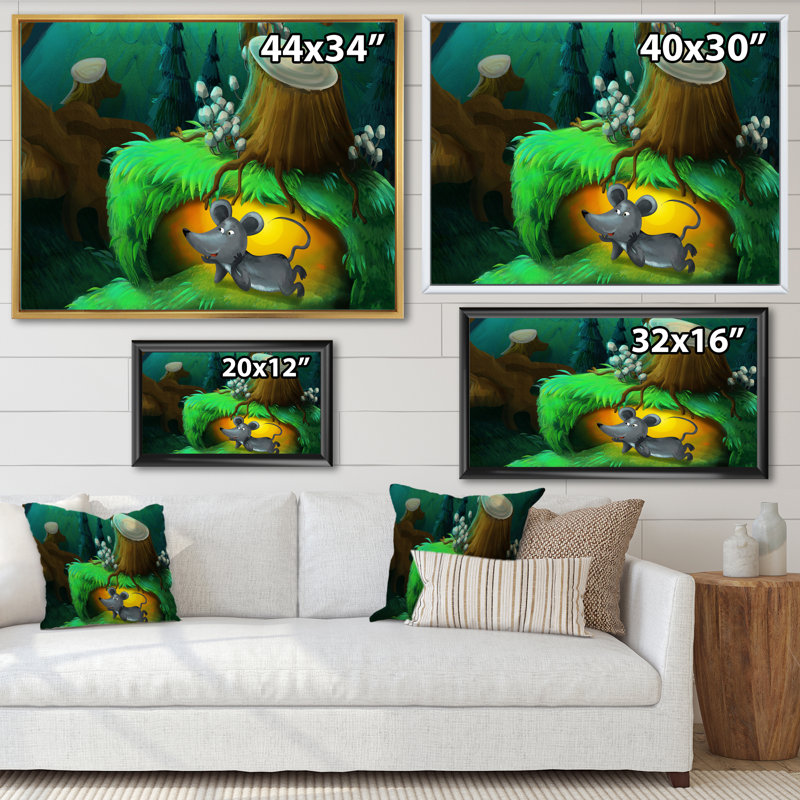 Petite souris sous un arbre pour Fantasy Story - reproduction sur toile, H 24 po x l 32 po, Cadre flottant doré