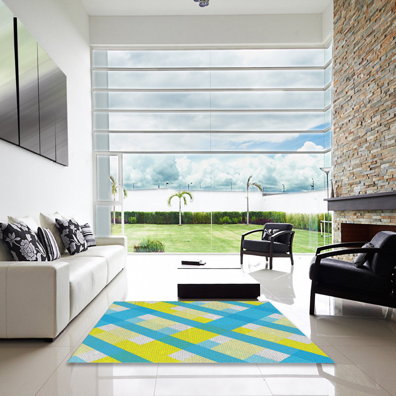 Tapis bleu/jaune tissé à la machine, Carré 7 pi