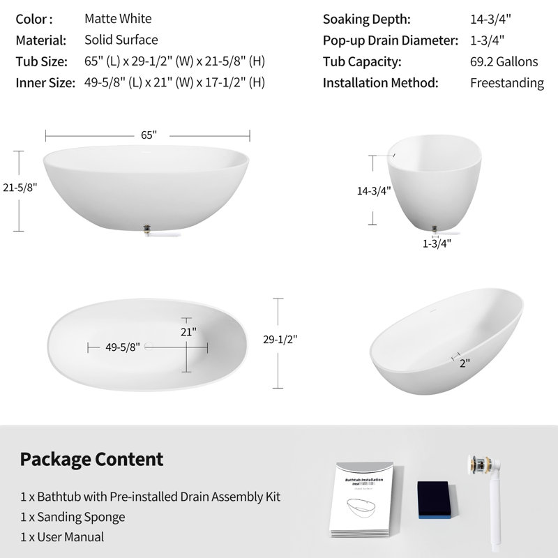 Baignoire de trempage autoportante en résine 65 po Luxury White