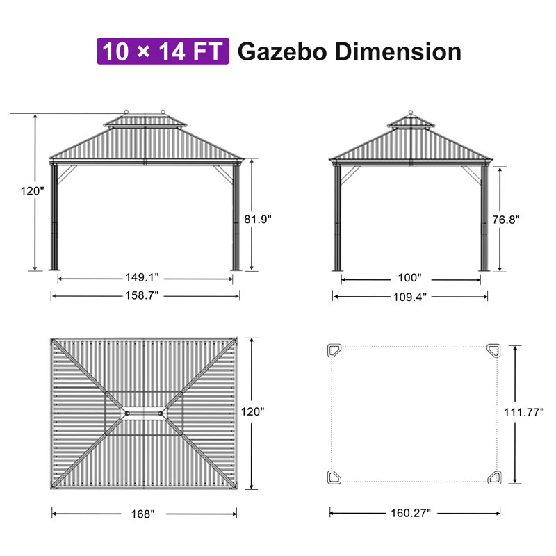 Gazebo With Galvanized Steel Roof Outdoor Permanent Hardtop Gazebo For Patio Lawn And Garden Large Pavilion
