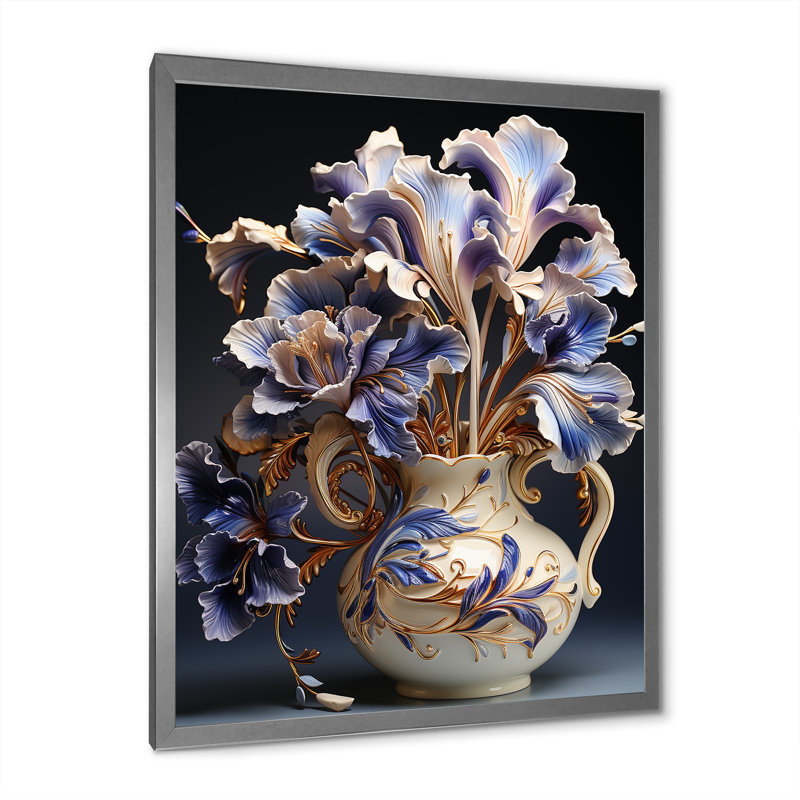 Iris ornés de feuilles dorées dans un vase, reproduction d'art sur toile, Cadre photo argenté, H 32 po x l 16 po x P 1 po