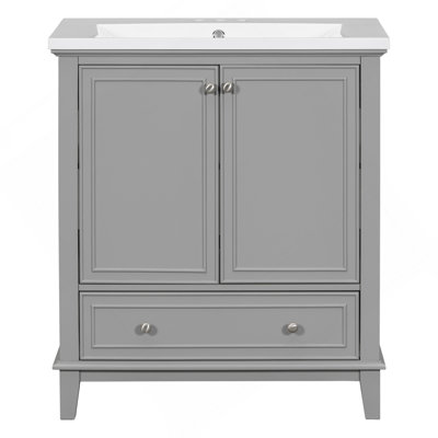 Ensemble de meuble-lavabo multifonctionnel avec portes et tiroir, cadre et panneau de fibres à densité moyenne, gris