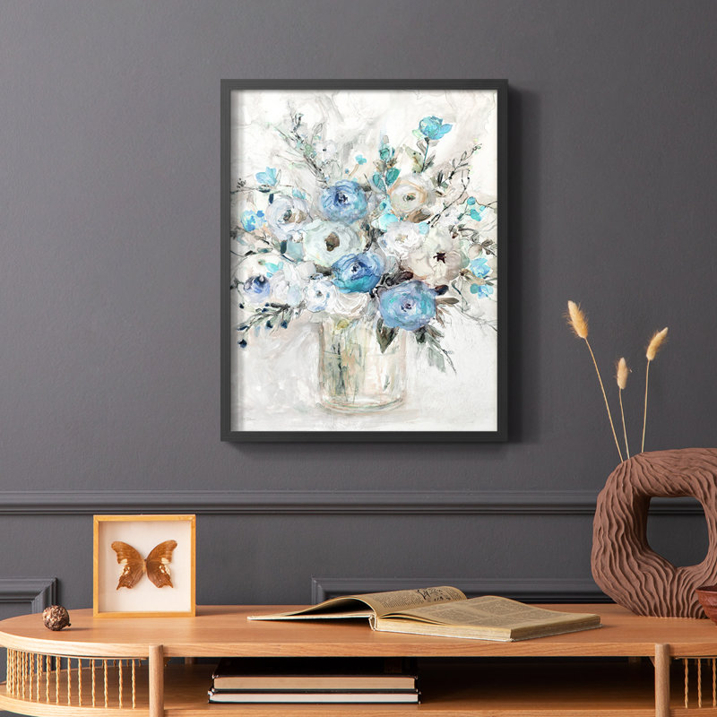 «Blue Contemporary Bouquet», reproduction encadrée - bois massif, Noir, H 28 po x l 22 po
