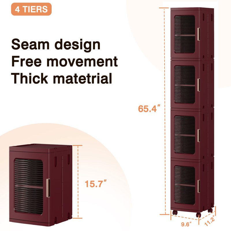 4 Tier Folding Stackable Storage Box, Stackable Storage Drawers On Wheels, Bathroom Floor Cabinet With Doors, Red