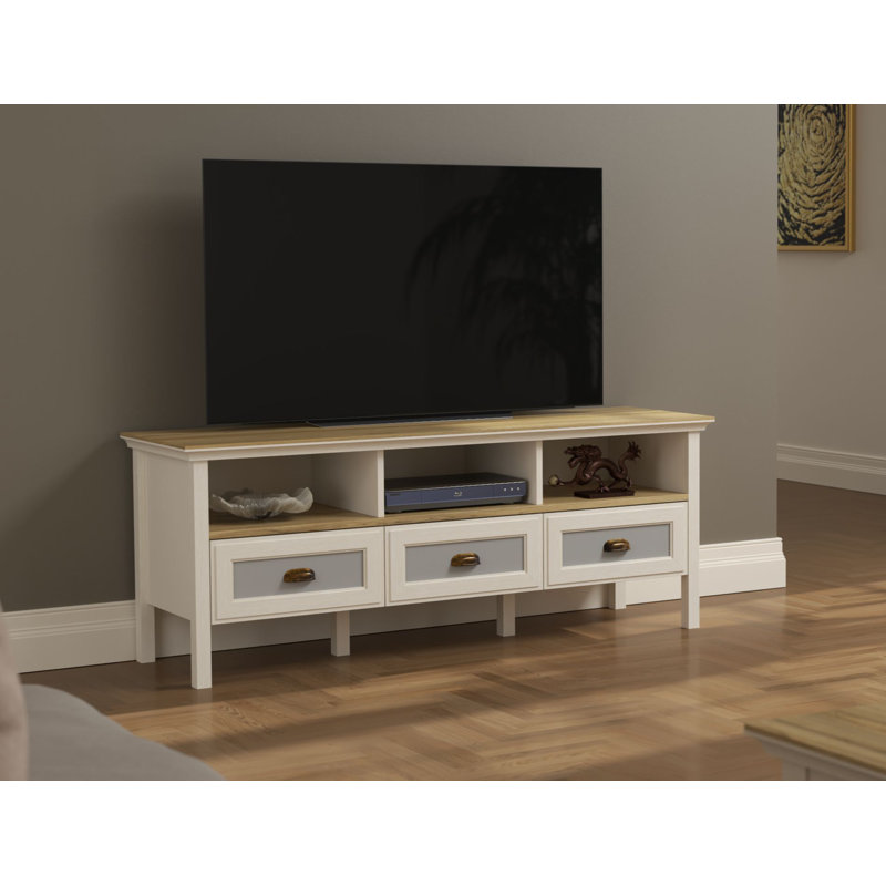 Traditional TV Stand with Multiple Shelves, Cream & Oak Finish, 58 x 59 x 17.4 Inches | 100% Melamine Coated Particle Board, MDF Profile Legs, Metal Handles | Wall-Mountable, Stylish & Functional Design