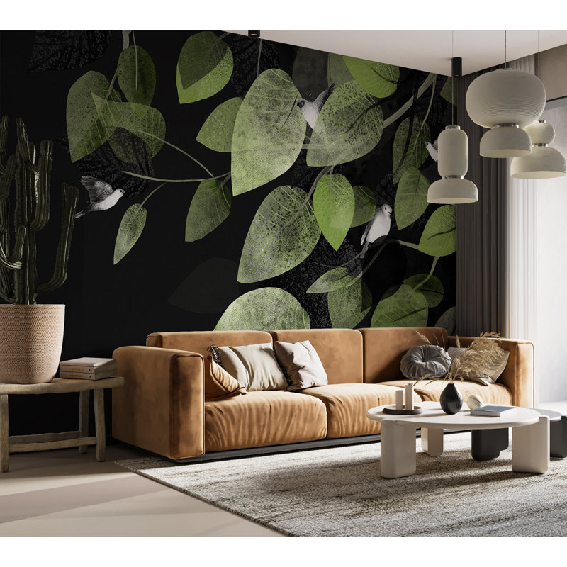 Papier peint botanique - Ailes et feuilles au crépuscule, L 124 po x l 177 po