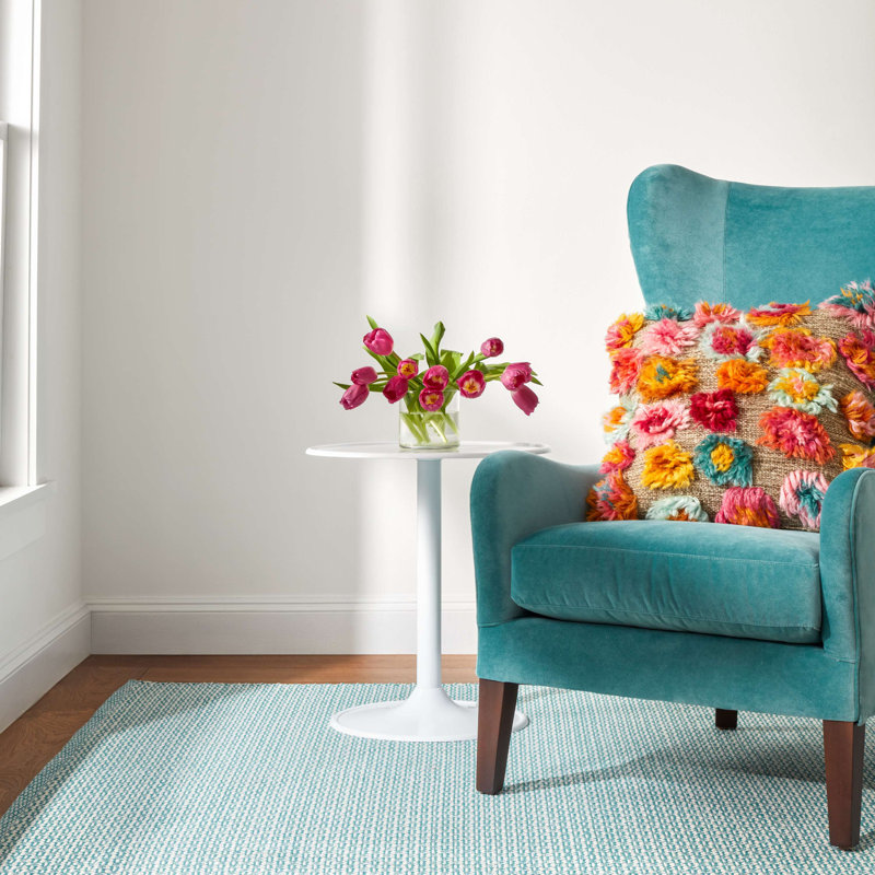 Miss Muffet Handwoven Cotton Rug, Teal/White, Rectangle 8' x 10'