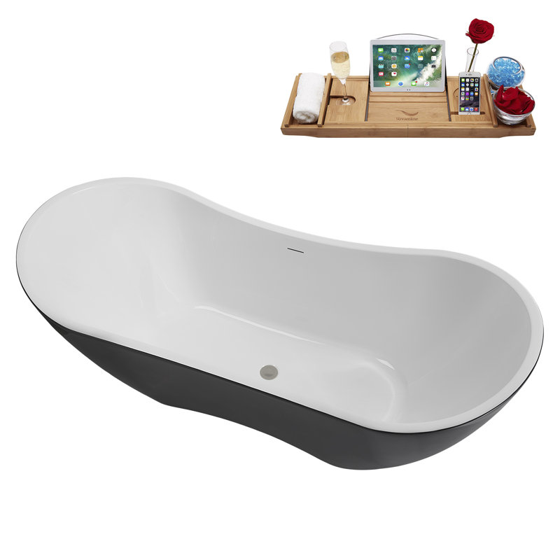 71" Streamline Soaking Freestanding Tub and Tray With Internal Drain, Brushed Gun Metal