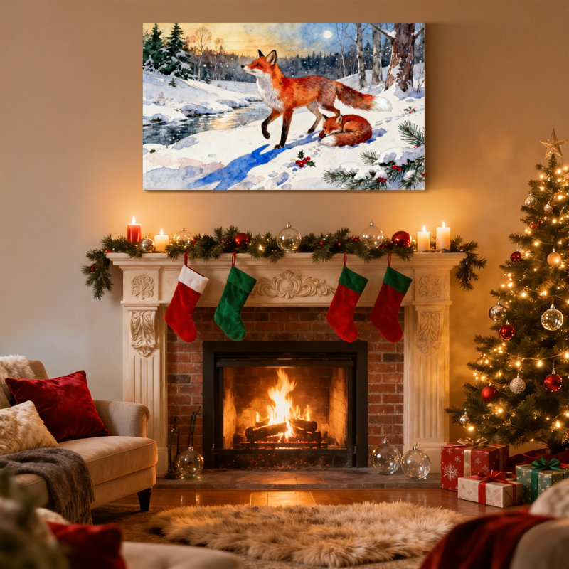 Renards de Noël dans un paysage d'hiver avec neige et arbres, ensemble de 3 impressions sur toile, H 20 po x l 30 po