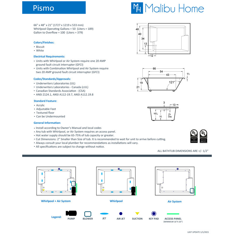 Pismo 66" x 48" Drop In Air Acrylic Bathtub, Biscuit