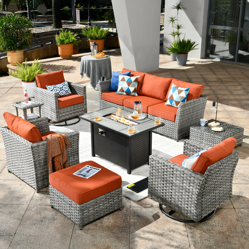 Ensemble de conversation d'extérieur en rotin avec foyer et coussins 10 pièces, Orange