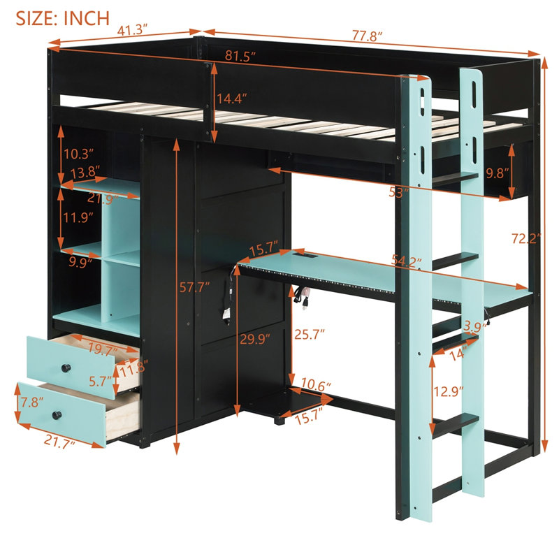 Lit mezzanine simple en bois massif avec bureau, armoire de rangement et garde-robe, lit mezzanine haut avec bande lumineuse à DEL avec contrôle intelligent APP, ports de charge USB