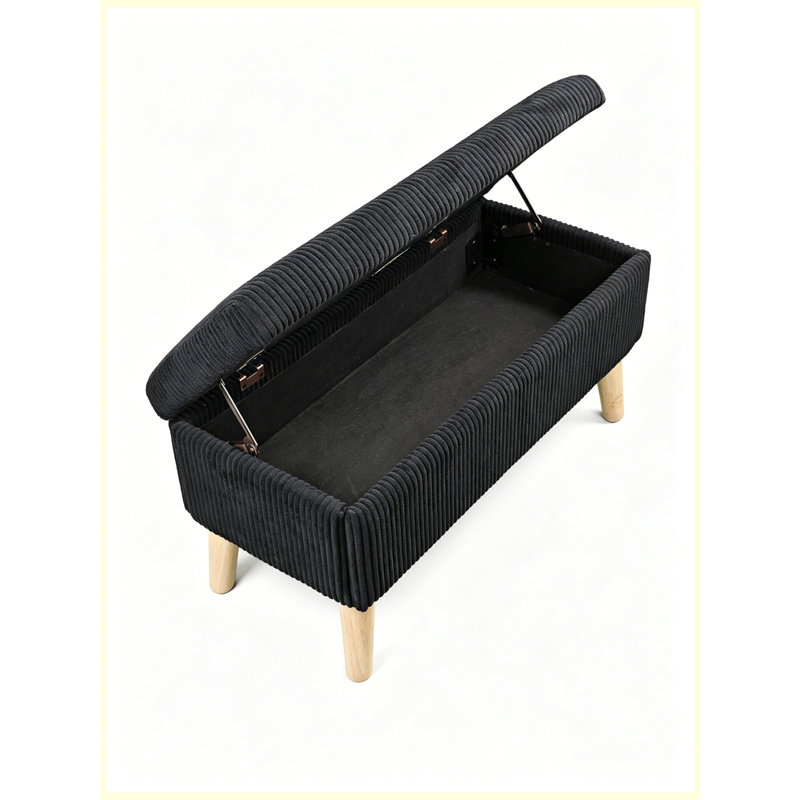 Banc de rangement avec repose-pieds 32 po en velours côtelé olive avec pieds en bois, Black